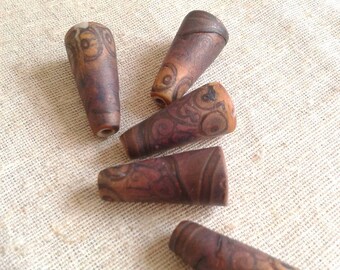 Copper Rose and Golden Orange - Batik Cone Beads - hand painted rustic patterned cone pendants boho chic polymer clay (ready to ship)
