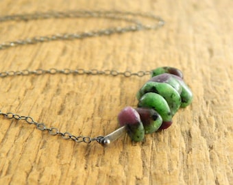 Ruby Zoisite necklace, genuine undyed stone, simple necklace, ready to ship, green and ruby necklace.