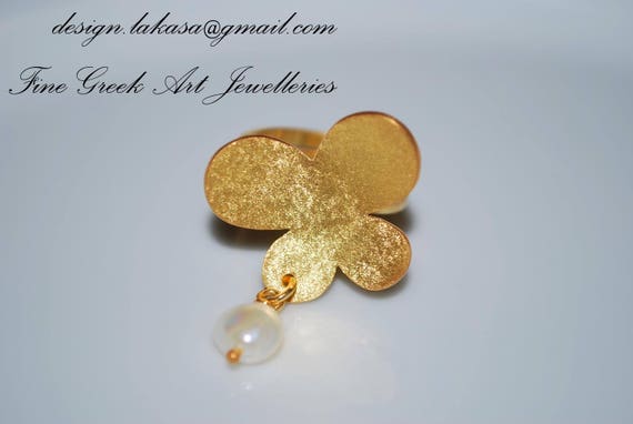 Butterfly Freshwater Pearl Ring Sterling Silver Gold plated Handmade Jewelry Valentine Love Mommy Anniversary Mother Day Romantic Style Gift