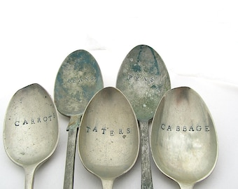 Vegetable Garden Labels, Hand Stamped Mismatched Vintage Dessert Spoons, 7 Inches, Rustic Plant Markers