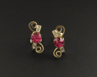 Pink Rhinestone Earrings, Retro Earrings, Gold Earrings, Pink Earrings, Scrolled Earrings