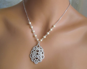 Pearl Necklace, Bridal Pearl Necklace, wedding Rhinestone Necklace, pearl Rhinestone Necklace, bridal jewelry, Statement Necklace, SUSANE