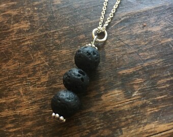Three black lava stones pendant essential oils diffuser necklace