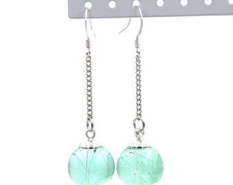 Mint green resin orb dangle drop earrings with dandelion seeds inclusions // Resin jewelry // Dandelion jewelry // Dandelion earrings
