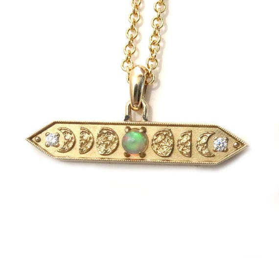 Opal and Diamond Moon Phase Bar Pendant - 14k Yellow Gold - Ready to Ship