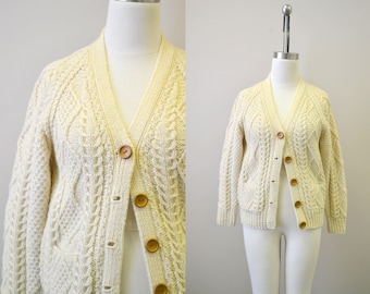 1970s Irish Wool Cable Knit Cardigan Sweater