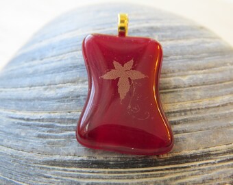 0150 - Red with Gold Tone Leaf Fused Glass Pendant
