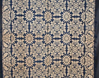 1850s Indigo Blue & White Coverlet With Eagles Birds Buildings Center Seam 85" X 70"