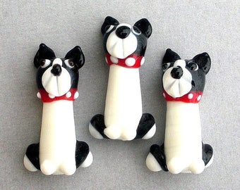 3 Boston Terrier beads, lampwork dog beads, Boston Terrier lampwork glass beads, white and black, limited edition
