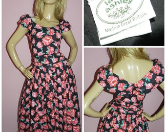 Vintage 80s LAURA ASHLEY Black Pink ROSE print prom party dress 10 S 1980s Wedding Occasion