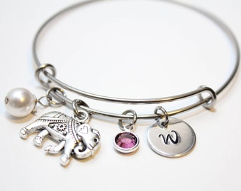 elephant bracelet, personalized elephant bracelet, elephant charm bracelet, elephant bangle, elephant initial bracelet, elephant theme gift