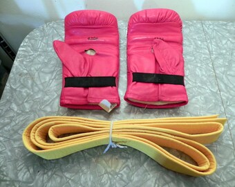 red Everlast training boxing gloves & a Judo yellow belt