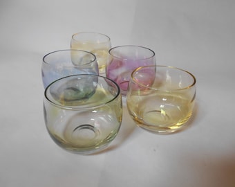Vintage Federal Glass Roly Poly Set of 5 Glasses Gem-Tone Pastel Iridescent Tumblers