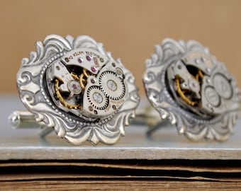 STEAMPUNK CUFFLINKS vintage Bulova 17 jeweled watch movement cuff links