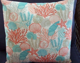 Pillow Cover Sea Shells Starfish coral peach aqua blue 18" tropical outdoor coastal beachy
