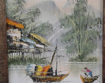 Vintage Asian Impressionist Painting on Board /Signed Ranbo/Huts/Boats/Fisherman