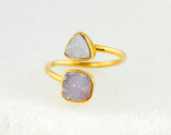 Gold Pink Agate Druzy Dual Ring - Dual Druzy Ring - Pink Geode Ring