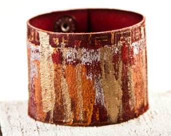 Red Gold Orange Bracelet Cuff ,Leather Jewelry, Leather Wrist Cuff, Leather Wristbands