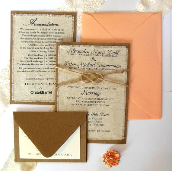 Rustic Burlap Fabric Wedding Invitation Peach Coral Wedding