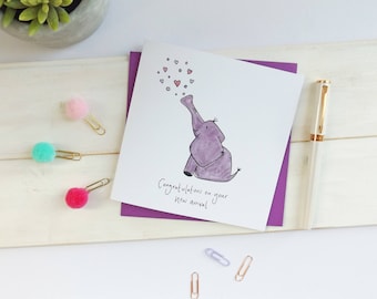 Elephant new baby card. Elephant new arrival card. New baby card. Cute elephant card. Baby card. Animal card.