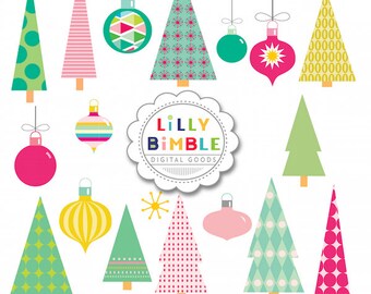 Modern Christmas tree clipart, ornaments for commercial use INSTANT DOWNLOAD trees Merry Merry