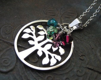 Family Tree Birthstone Necklace - Stainless Steel - Mothers Necklace - Grandmas Necklace