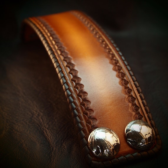 Leather cuff Bracelet 2" Brown sunburst Vintage style laced, hand tooled, Buffalo nickels - Quality Made for YOU in USA by Freddie Matara