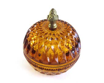 Vintage Glass Vanity Box Amber Glass Powder Dish Antique Vanity Boudoir Decor Makeup Holder Brass Topiary Powder Box Trinket Bowl