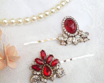 Red hair pins, Ruby red jewel hair pins, Ruby red wedding hair piece, ruby red bobby pins, Ruby red hair pins, Marie Antoinette, Sunstone