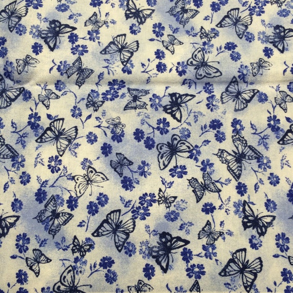 Blue butterfly fabric 1 yard x 43 inches totally toile by
