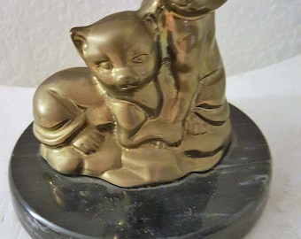 2 Brass Cats on Marble Base