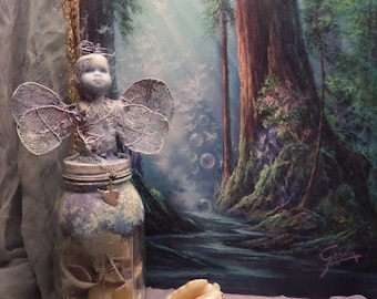 Assemblage Angel, Shell Collector, Altered Mason Jar, Bless this home, Bridal Shower Gift, Jar art doll, Collectible keepsake