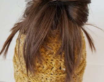 Messy Bun Beanie, Ponytail Beanie, Top Knot Beanie; Katniss Messy Bun Hat
