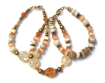 Beaded Bracelet Set in Earth Tones // Bohemian Layering Bracelets // Champagne Glass and Gemstone // Boho Bracelet Set // Boho Chic Jewelry