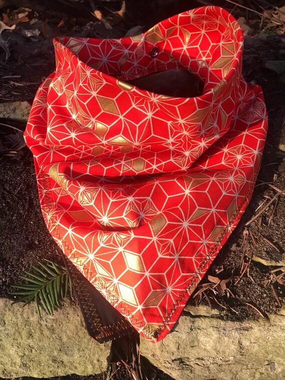 READY to SHIP-Japanese Asanoha Geometric Bandana-Unisex Snapback Bandana Scarf-Cotton-Bittersweet Red/Metallic Gold/Black-HEMP Leaf