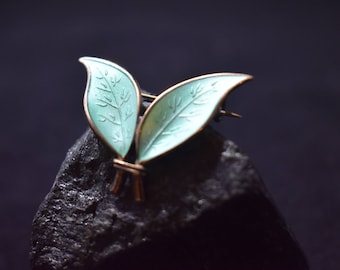 David Andersen Leaf Brooch Vintage Green Enamel Pin Guilloche Norway Norwegian Leaves Foliage Jewelry 925 Sterling Silver