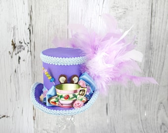 Dormouse Light Purple and Blue Teacup Cutout Medium Mini Top Hat Fascinator, Alice in Wonderland, Mad Hatter Tea Party