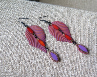 red earrings, red and purple earrings, boho earrings, leaf earrings, gypsy earrings, long earrings, long red earrings, lightweight earrings