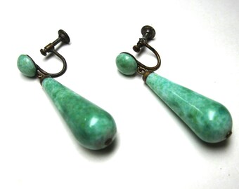 Vintage Art Deco Czech Peking glass teardrop screw back earrings