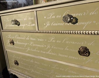 French Love Letters Furniture Stencil - Paint Dresser with Script, Vintage Furniture Quote, Shabby Chic Typography