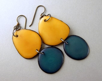 Coppertone and Denim Bluejeans Tagua Nut Eco Friendly Earrings with Free USA Shipping #taguanut #ecofriendlyjewelry