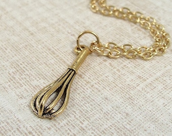 Whisk Necklace, Gold Plated Whisk Charm on a Gold Cable Chain