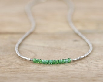 Green Zircon, Czech Seed Bead & Sterling Silver Necklace. Dainty Gemstone Choker. Long Delicate Layering Necklace. Tiny Beaded Jewellery