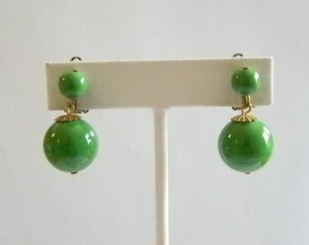 Vintage Green Beaded Dangle Clip On Earrings