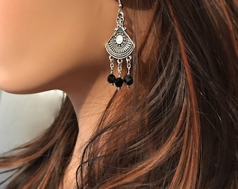 Chandelier Tribal Earrings: Antique Silver Medallion with Black Helix Swarovski Crystals