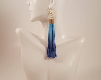Blue tassel earrings, anniversary gift for women, hand/dyed tassel earrings, ombre earrings, gift for her, special occasion jewelry, tassels