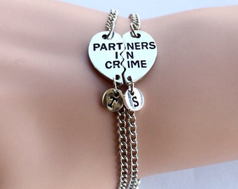 PARTNERS IN CRIME bracelet, initials friendship bracelet set, best friends, best bitches, broken heart set, sisters gift jewelry