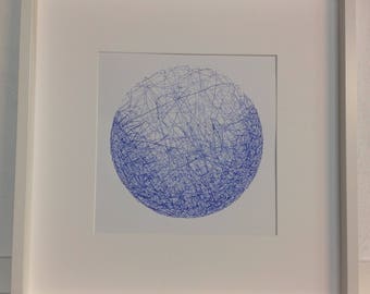 Framed blue pen and ink drawing// planet// original artwork//framed artwork