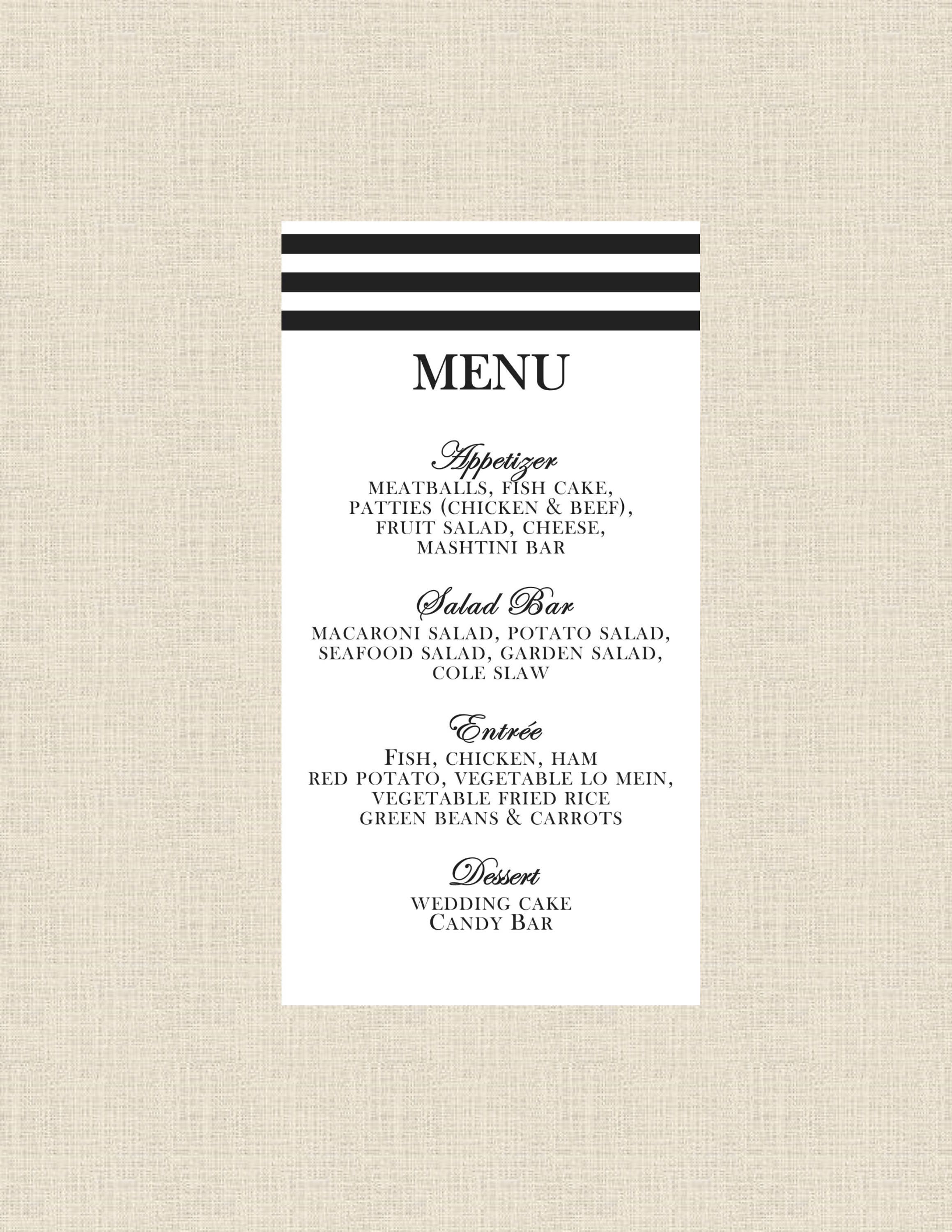 PRINTABLE Black and White Stripe Menu/ Wedding Menu/Birthday