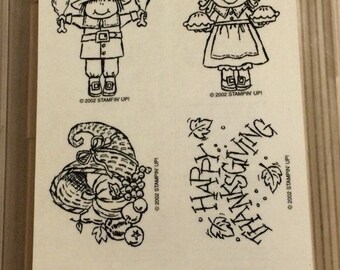 Stampin Up TURKEY TALK 2002 Set of 8 Wood Mounted Stamps Happy Thanksgiving Turkey Native Kids Pilgrim Kids Cornucopia Leaf border